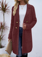 Women's long button cardigan coat with shawl collar and patch pockets
