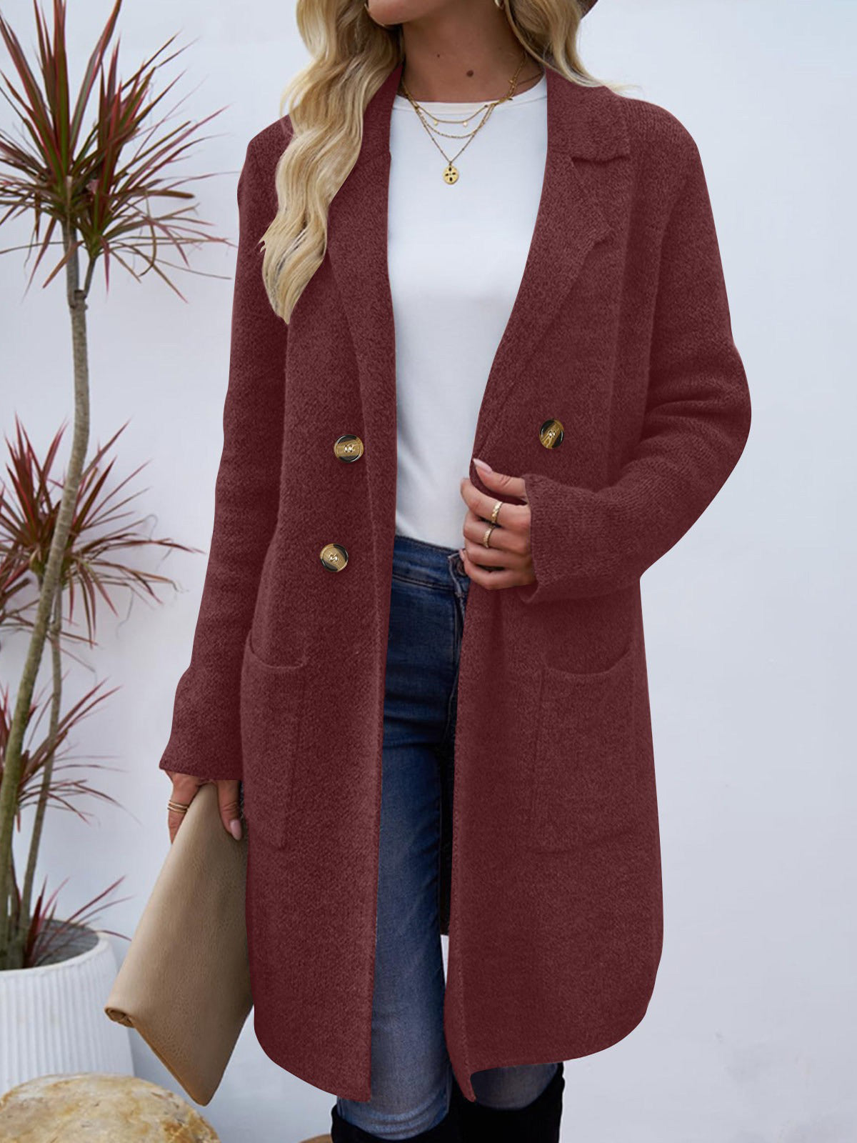 Women's long button cardigan coat with shawl collar and patch pockets