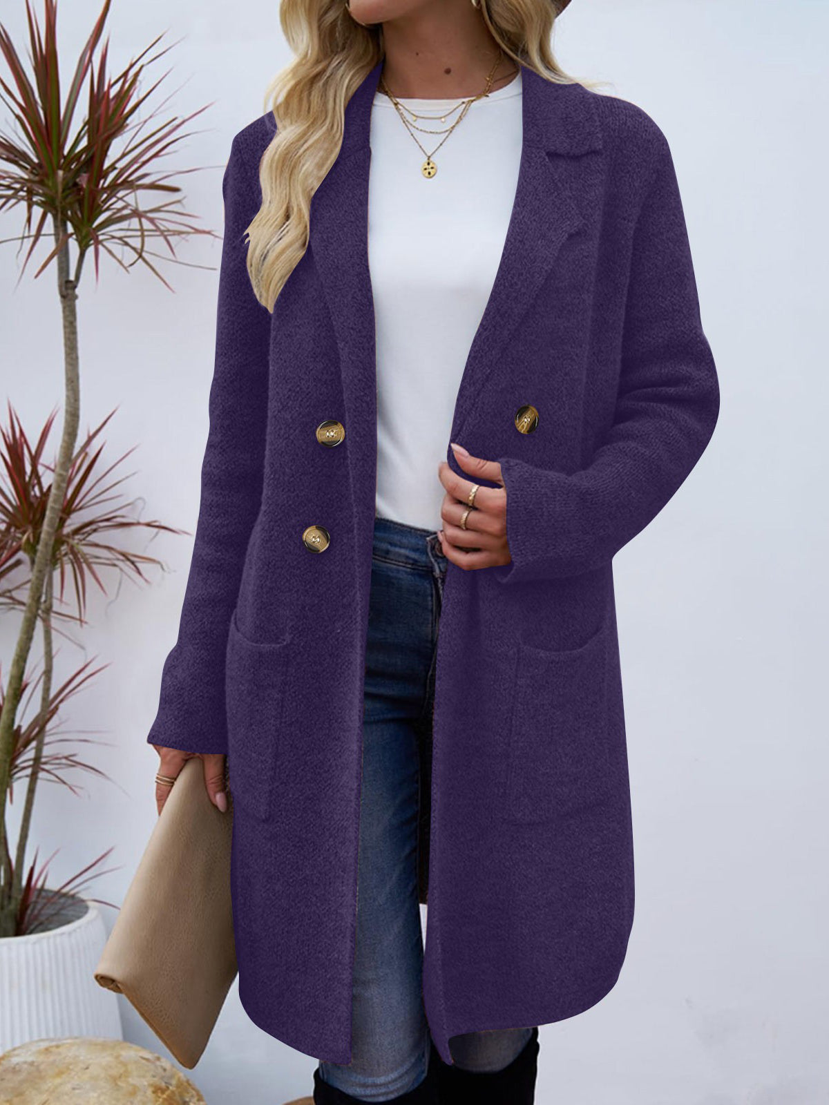 Women's long button cardigan coat with shawl collar and patch pockets