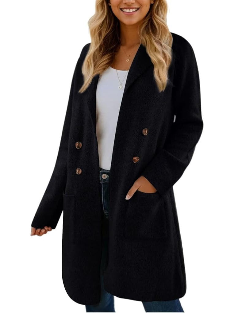 Women's long button cardigan coat with shawl collar and patch pockets