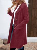 Women's long button cardigan coat with shawl collar and patch pockets
