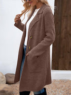 Women's long button cardigan coat with shawl collar and patch pockets