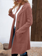 Women's long button cardigan coat with shawl collar and patch pockets