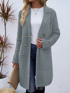 Women's long button cardigan coat with shawl collar and patch pockets