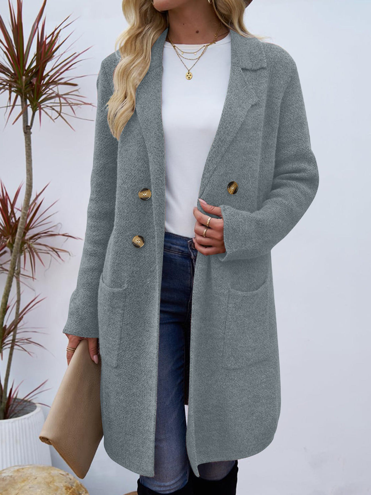 Women's long button cardigan coat with shawl collar and patch pockets