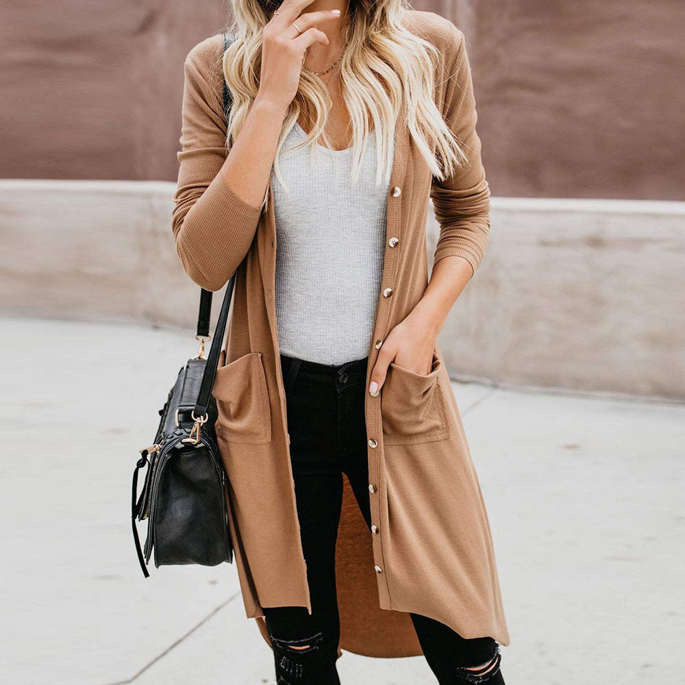 Women's longline button front cardigan with pockets