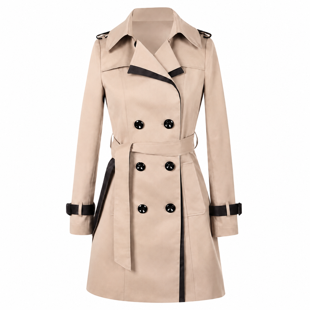 Women's double-breasted belted trench coat with contrast trim
