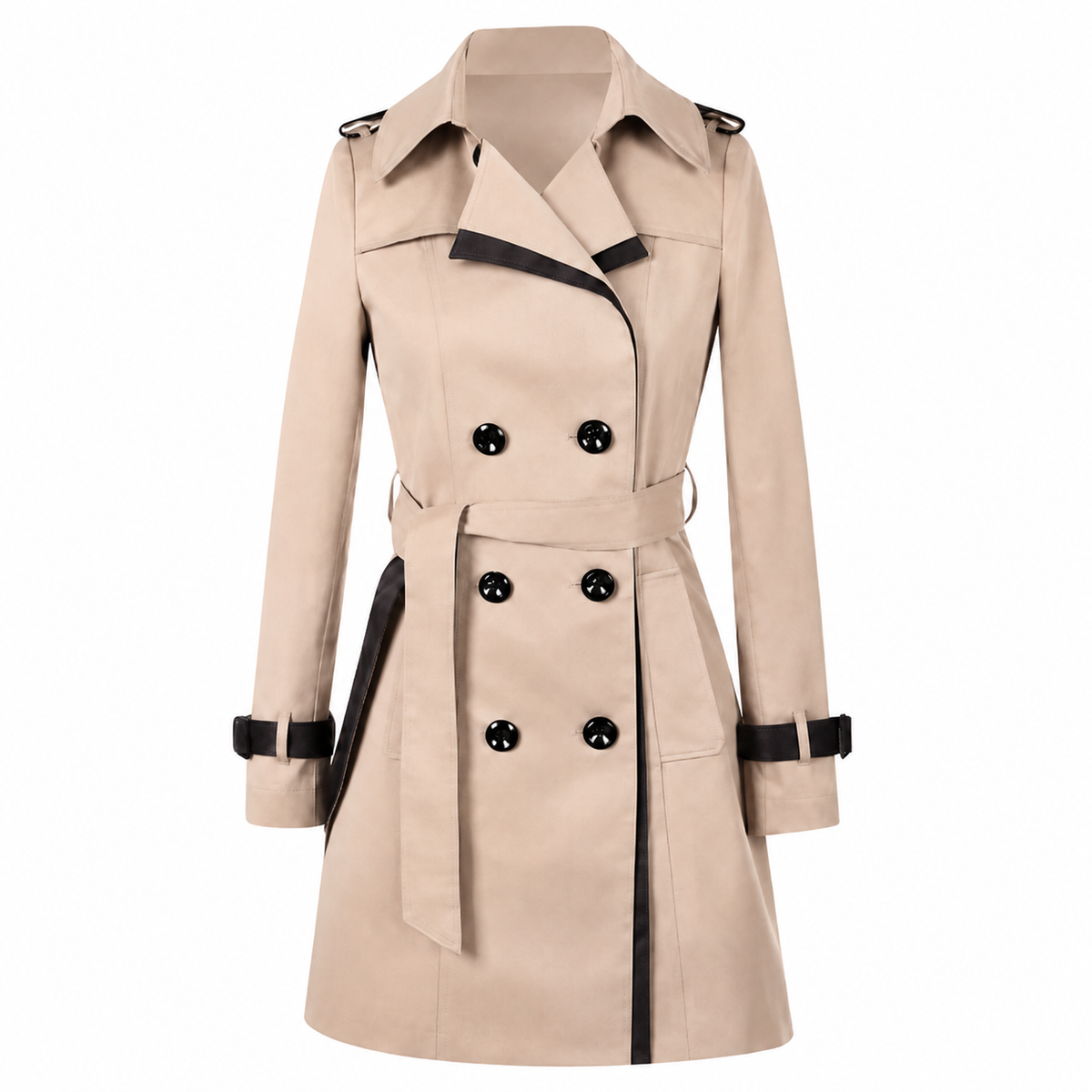 Women's double-breasted belted trench coat with contrast trim