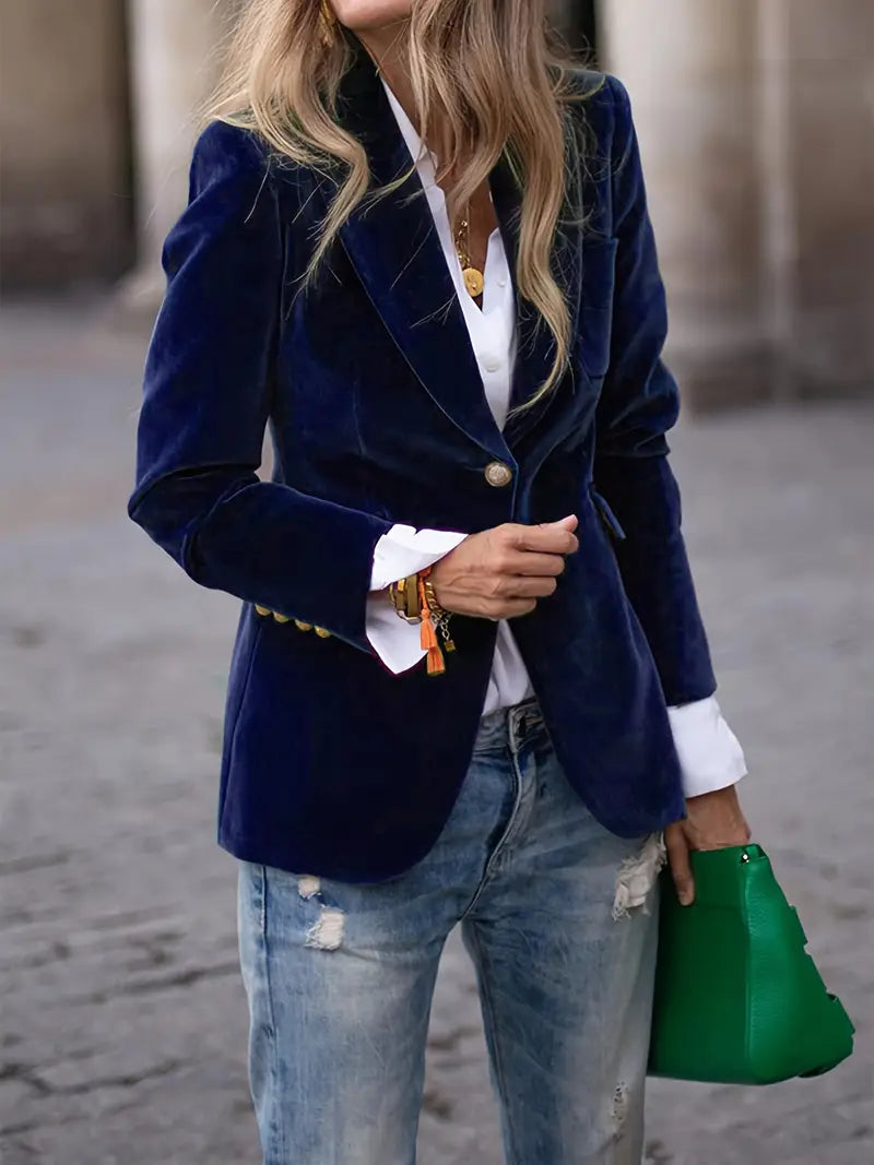 Women's tailored velvet blazer with lapels and single-button fastening
