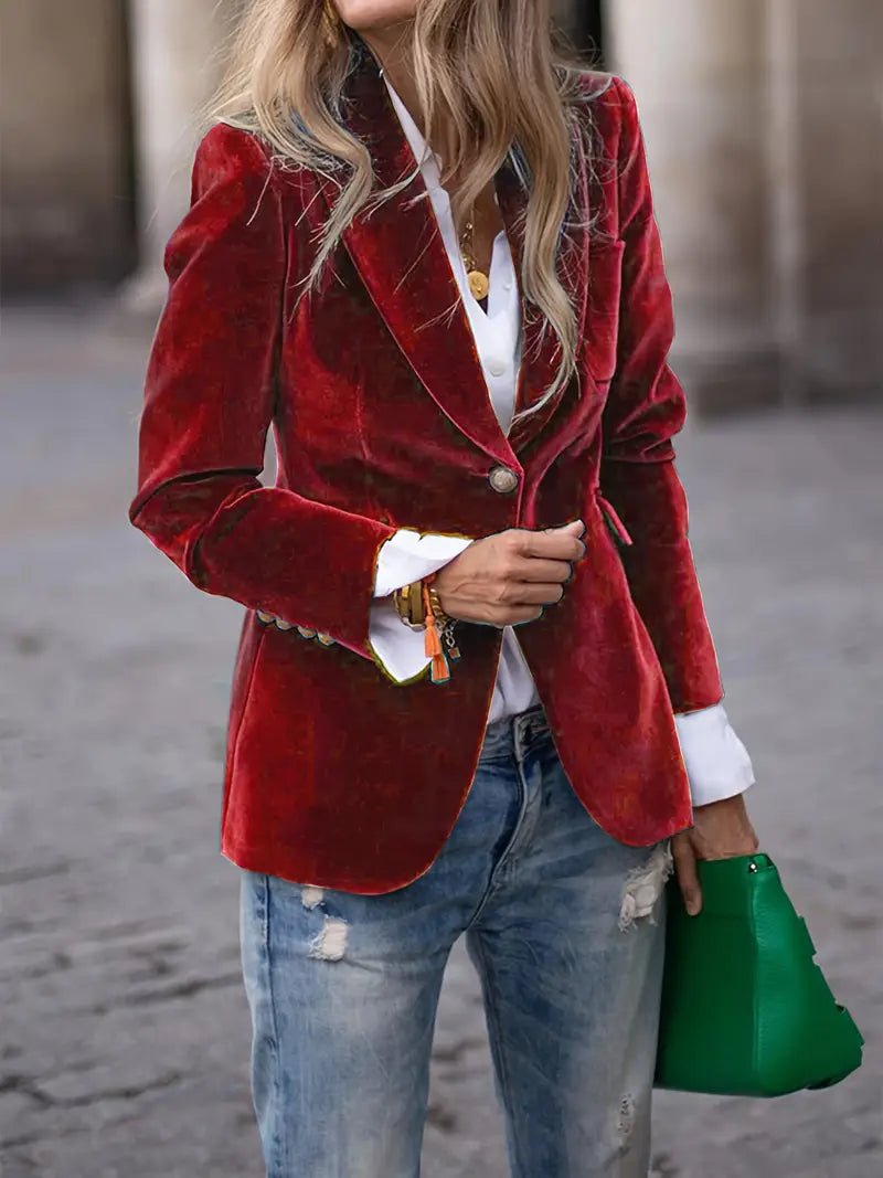 Women's tailored velvet blazer with lapels and single-button fastening