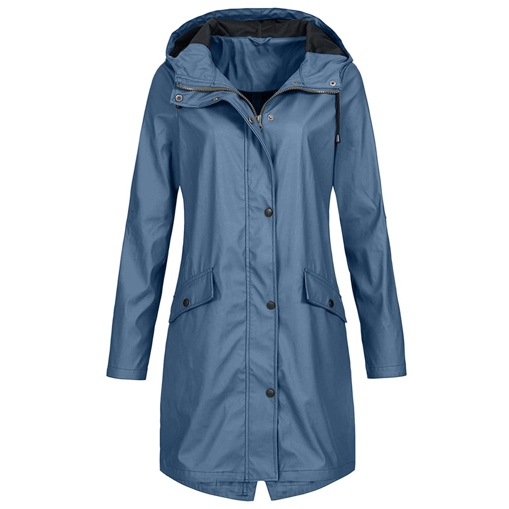 Women's longline hooded raincoat with zip and snap-button front