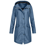 Women's longline hooded raincoat with zip and snap-button front