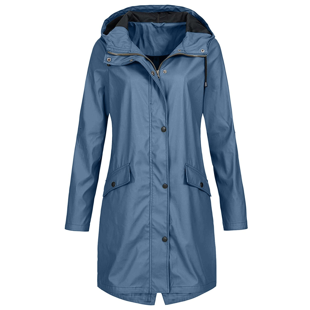 Women's longline hooded raincoat with zip and snap-button front