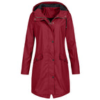 Women's longline hooded raincoat with zip and snap-button front