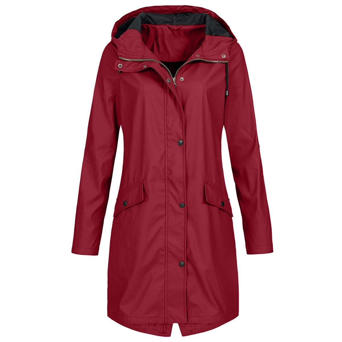 Women's longline hooded raincoat with zip and snap-button front