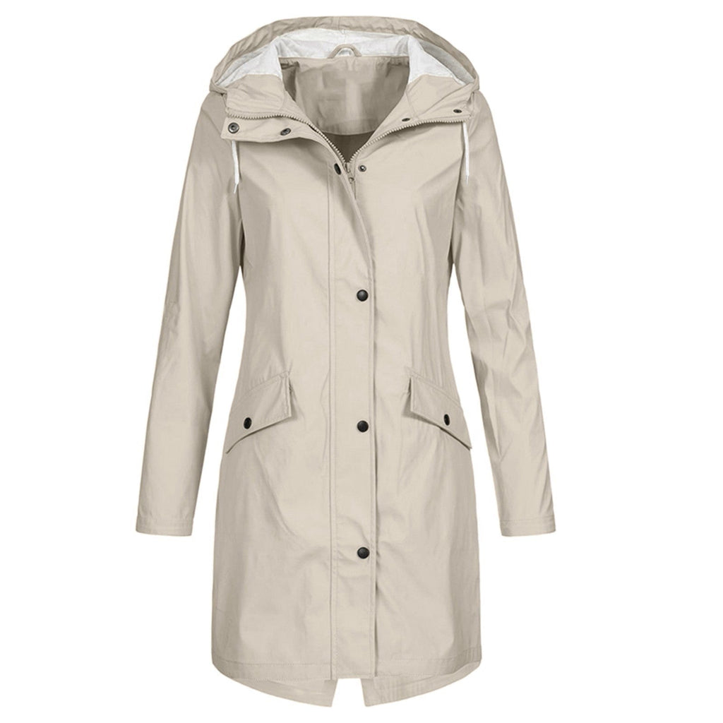 Women's longline hooded raincoat with zip and snap-button front