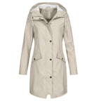 Women's longline hooded raincoat with zip and snap-button front