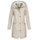 Women's longline hooded raincoat with zip and snap-button front