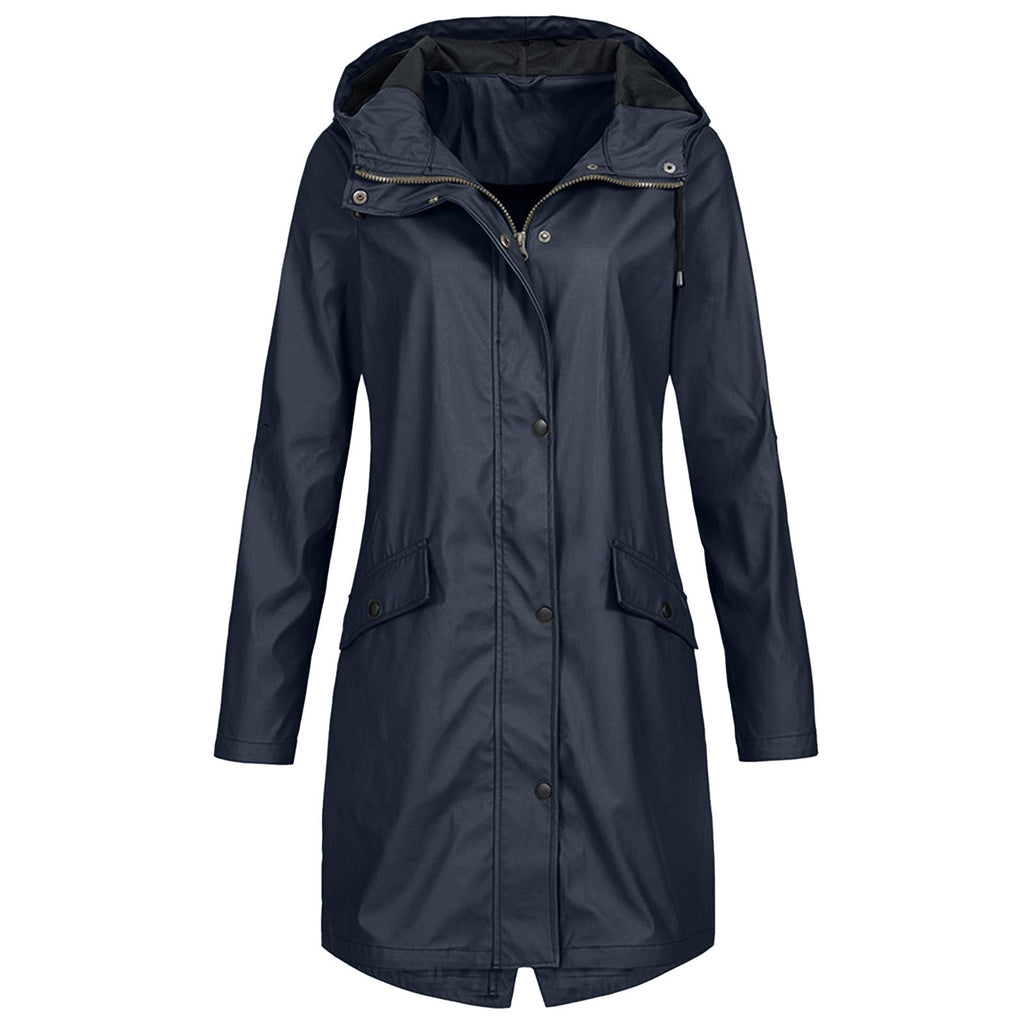 Women's longline hooded raincoat with zip and snap-button front
