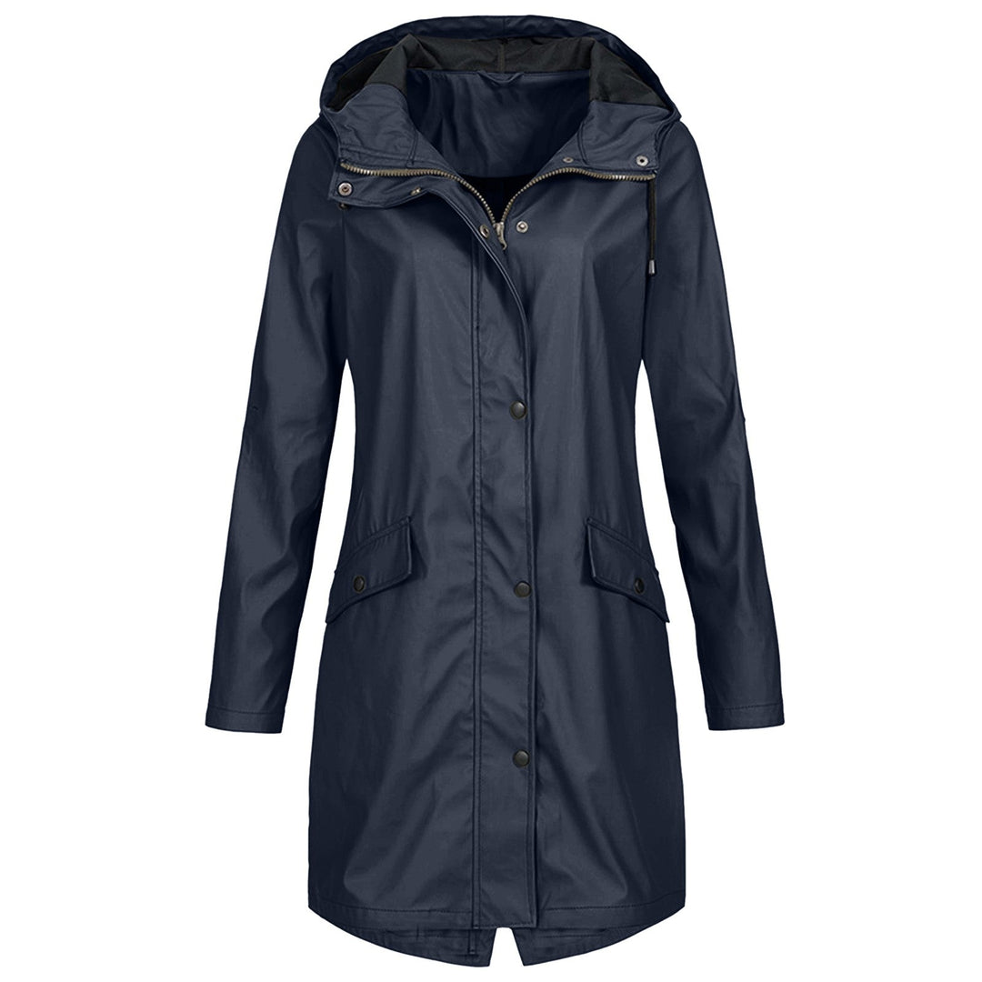 Women's longline hooded raincoat with zip and snap-button front