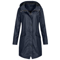 Women's longline hooded raincoat with zip and snap-button front