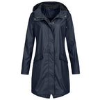Women's longline hooded raincoat with zip and snap-button front
