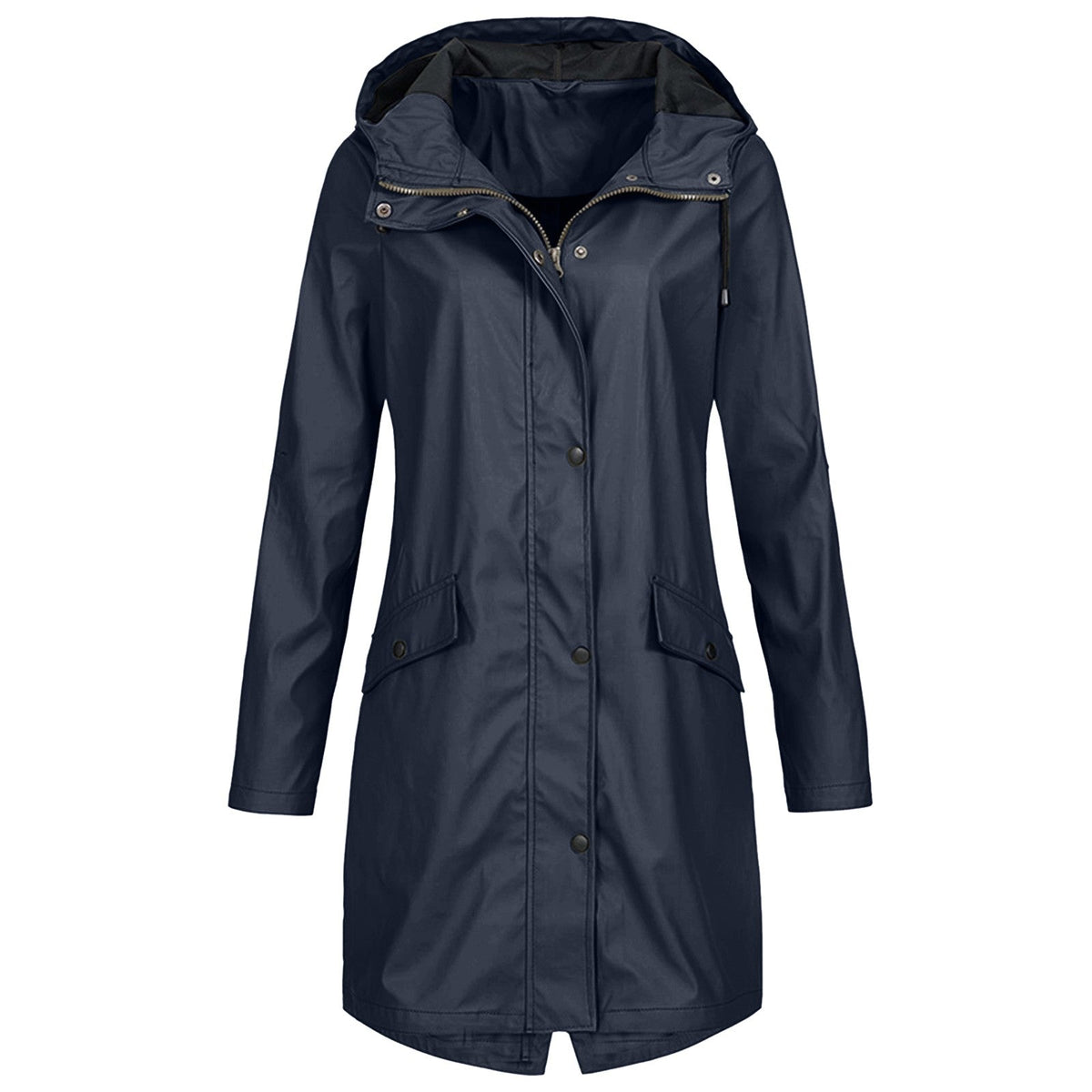 Women's longline hooded raincoat with zip and snap-button front