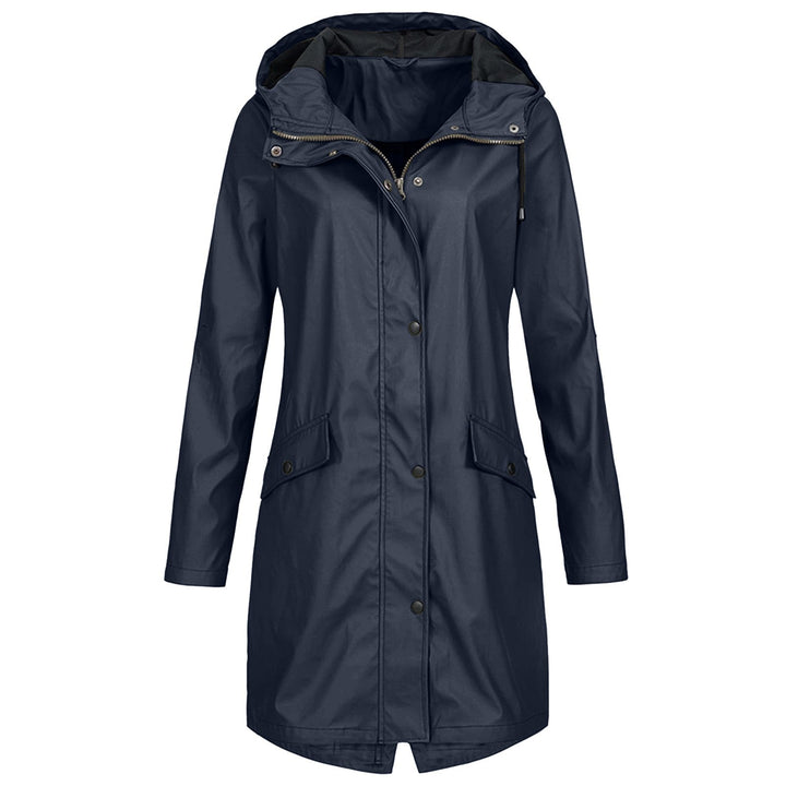 Women's longline hooded raincoat with zip and snap-button front