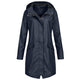 Women's longline hooded raincoat with zip and snap-button front