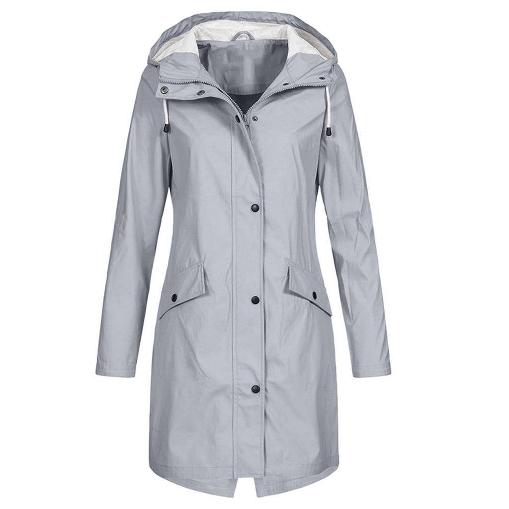 Women's longline hooded raincoat with zip and snap-button front