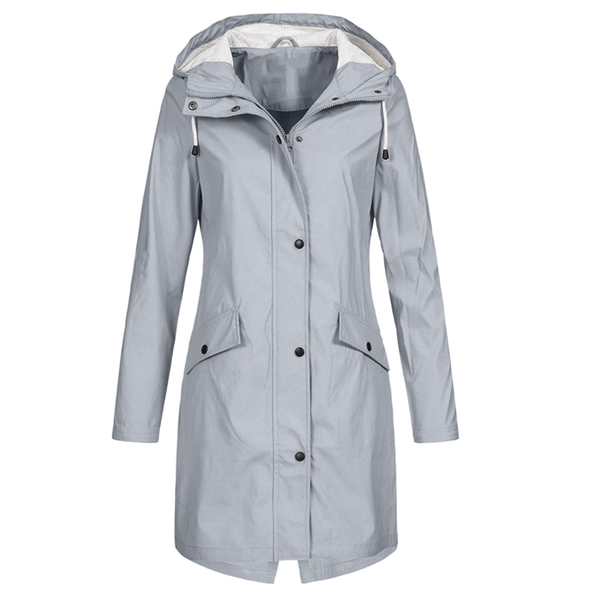 Women's longline hooded raincoat with zip and snap-button front