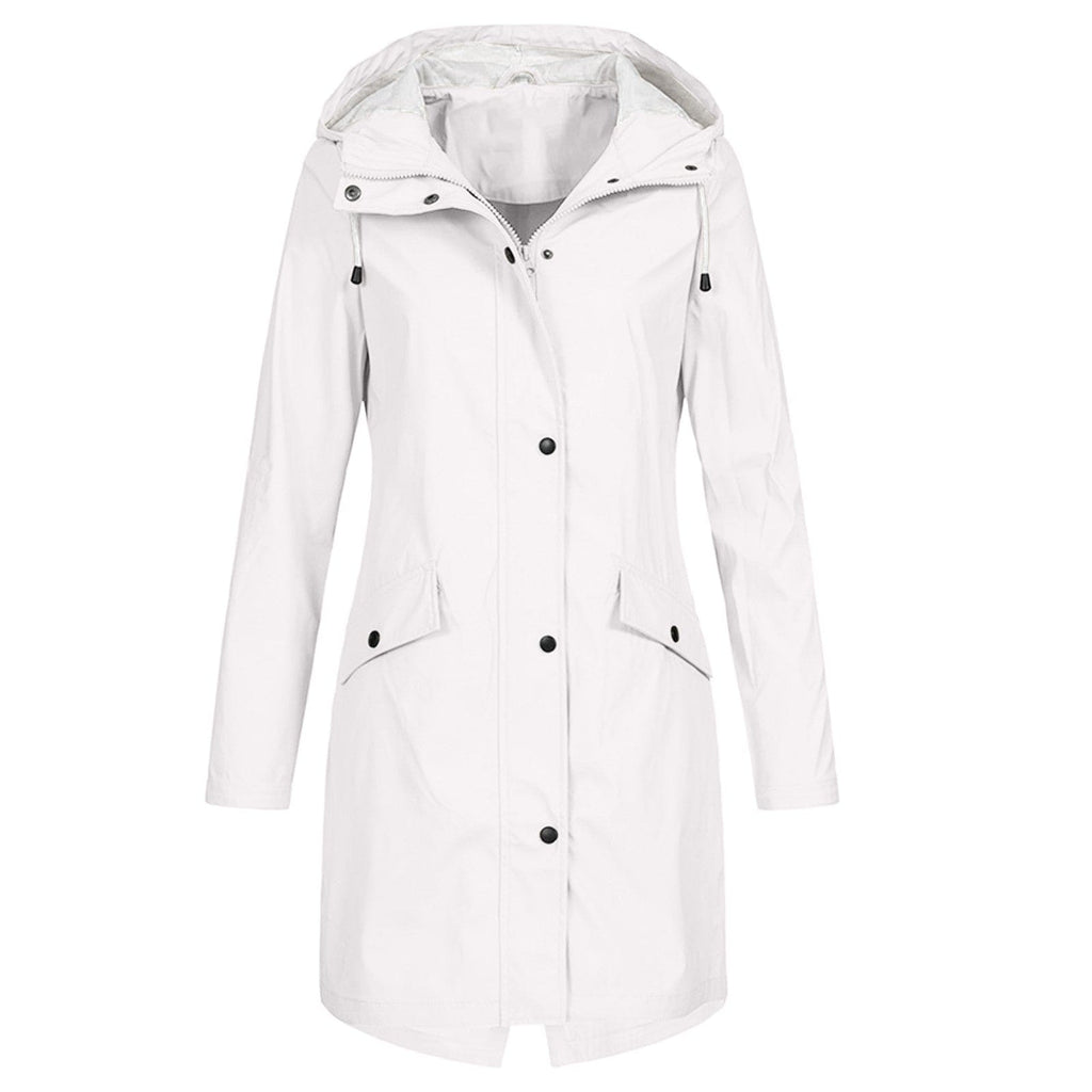 Women's longline hooded raincoat with zip and snap-button front