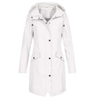 Women's longline hooded raincoat with zip and snap-button front