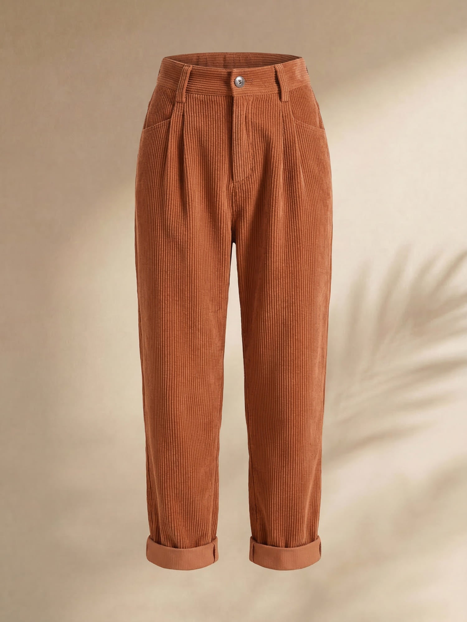 Women's high-waisted corduroy trousers with straight legs and cuffs