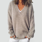 Women's grey relaxed V-neck sweater with long sleeves