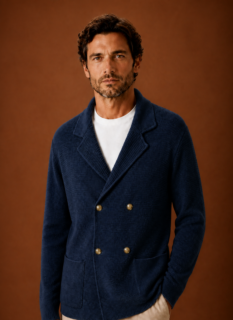 Men's double-breasted knit cardigan with shawl collar and patch pockets