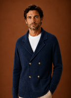 Men's double-breasted knit cardigan with shawl collar and patch pockets