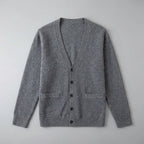 Men's plain V-neck cardigan with buttons, long sleeves and patch pockets