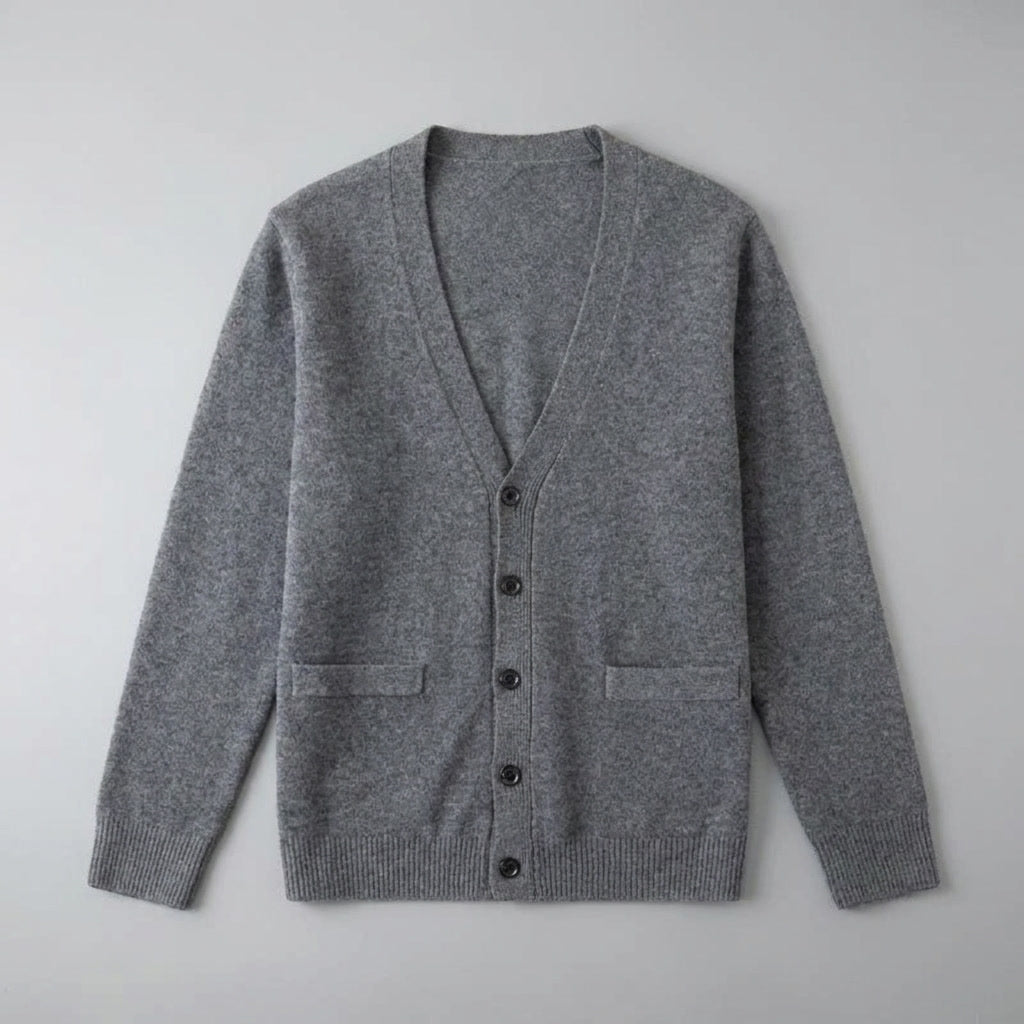 Men's plain V-neck cardigan with buttons, long sleeves and patch pockets