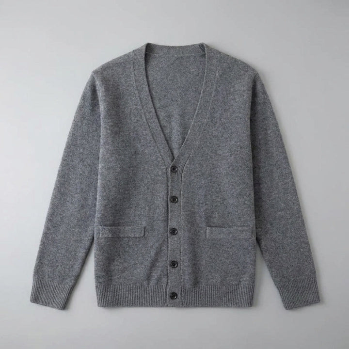 Men's plain V-neck cardigan with buttons, long sleeves and patch pockets