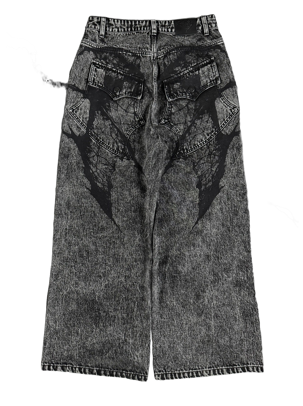 Women's black wide-leg jeans with graphic printed panels and flap pockets