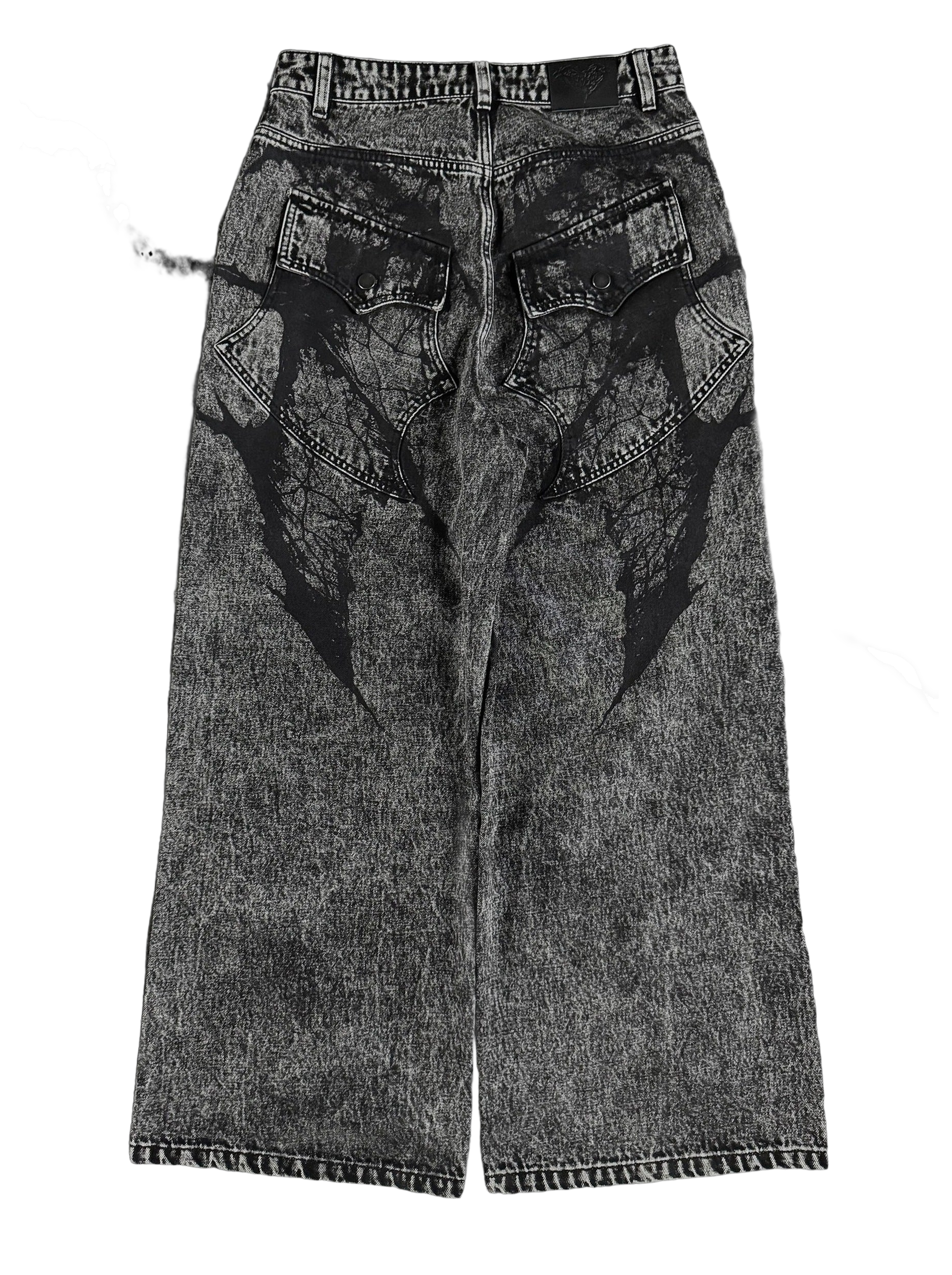 Women's black wide-leg jeans with graphic printed panels and flap pockets