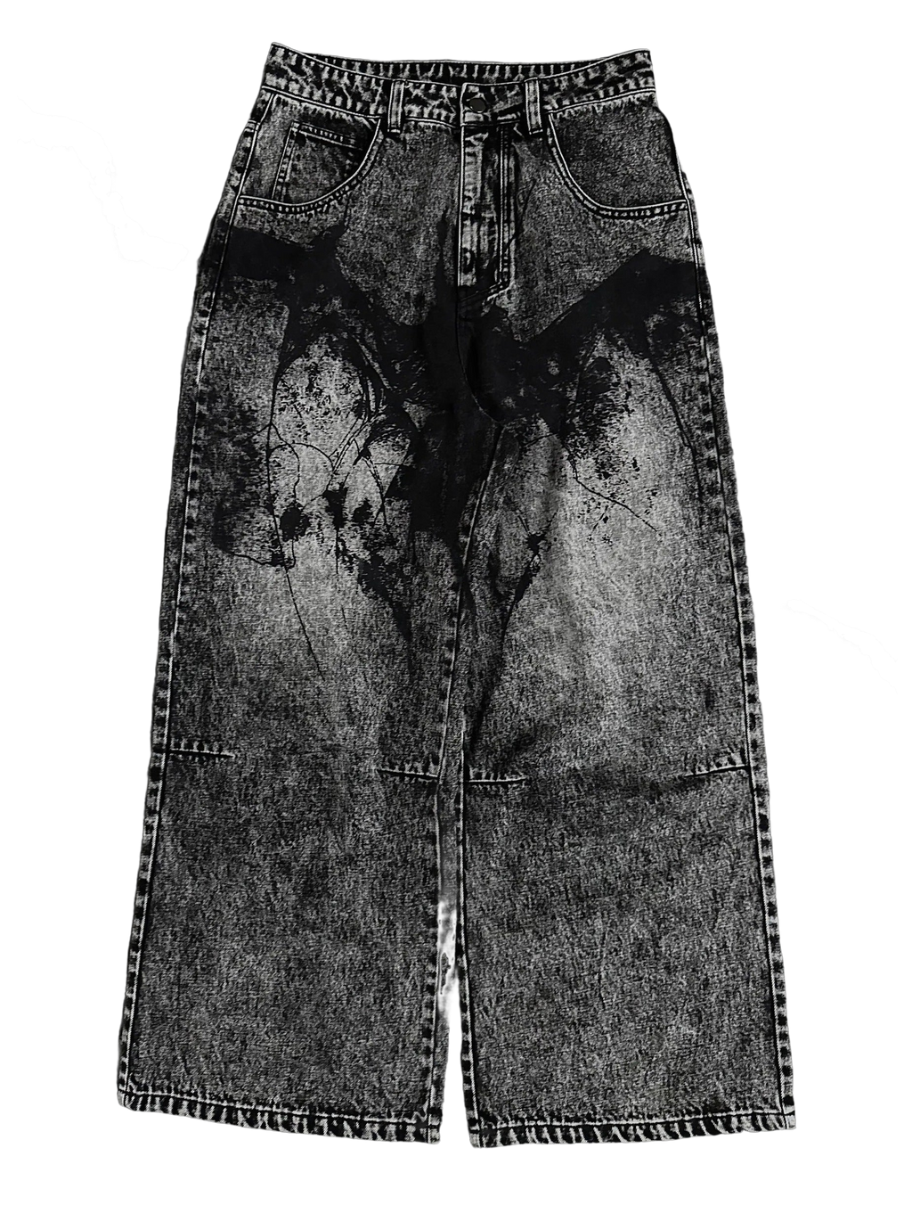 Women's black wide-leg jeans with graphic printed panels and flap pockets