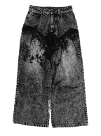 Women's black wide-leg jeans with graphic printed panels and flap pockets
