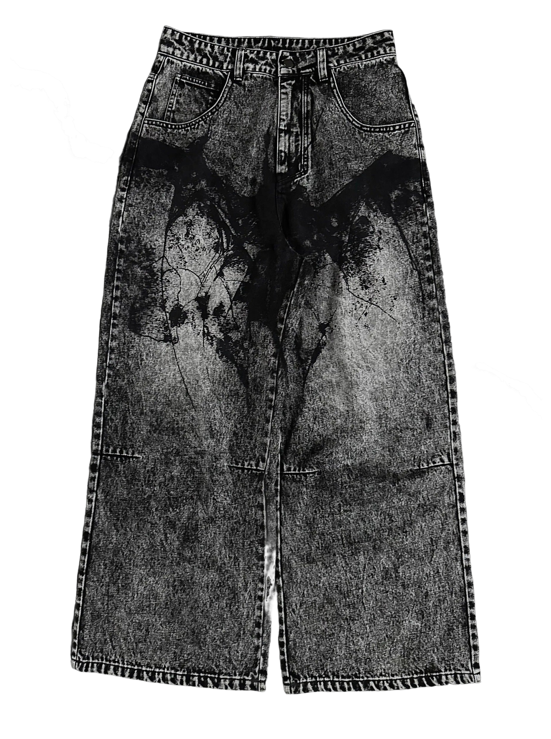 Women's black wide-leg jeans with graphic printed panels and flap pockets