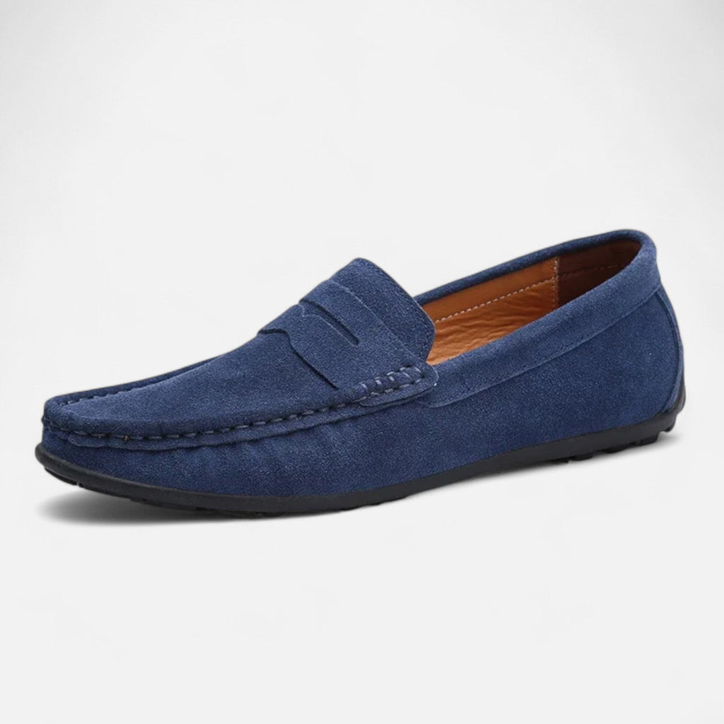 Men's slip-on suede loafers with moccasin stitching