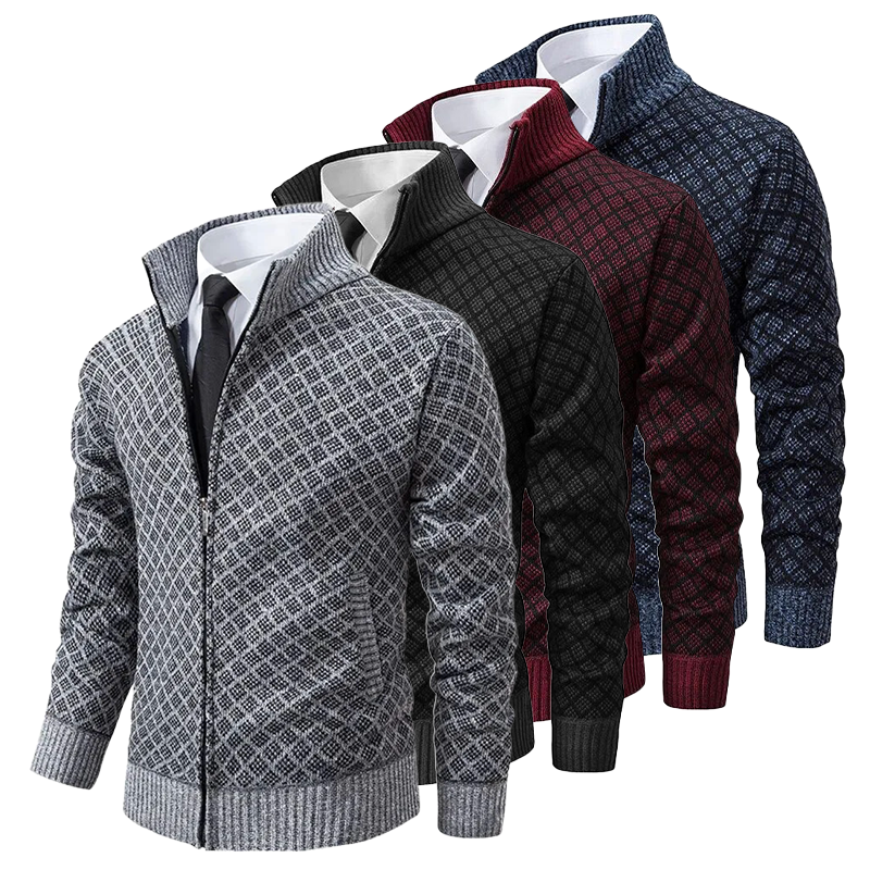 Men's textured zip sweater with raised collar and ribbed trims