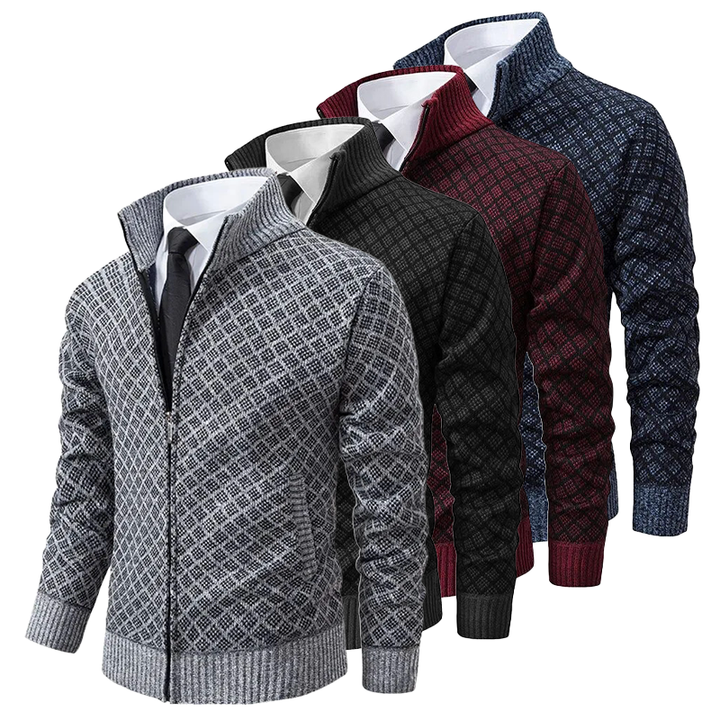 Men's textured zip sweater with raised collar and ribbed trims