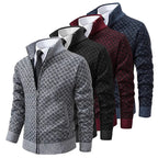 Men's diamond jacquard knit cardigan with stand collar and zip front