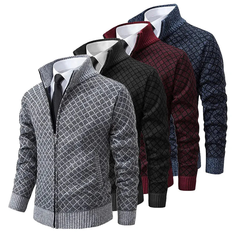 Men's diamond jacquard knit cardigan with stand collar and zip front